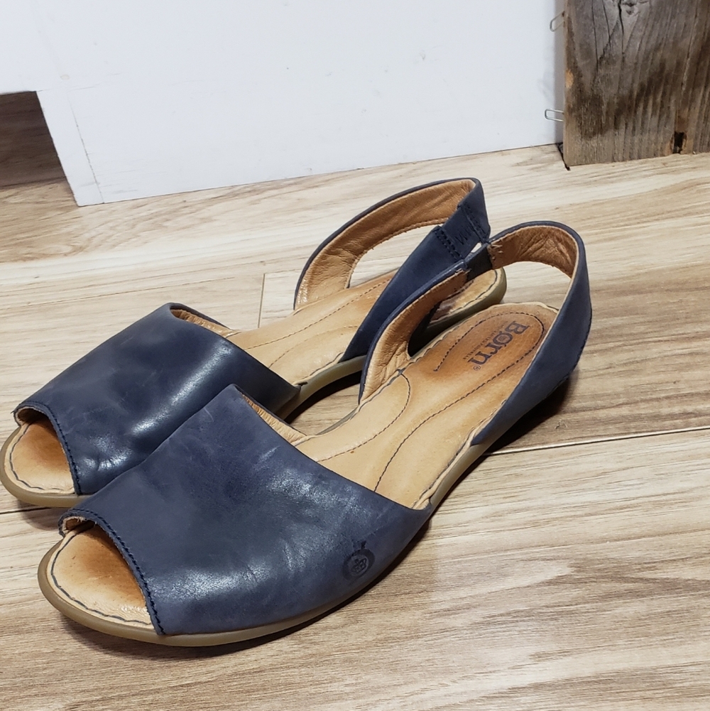 Born Navy Leather Open-Toe Slingback Sandals